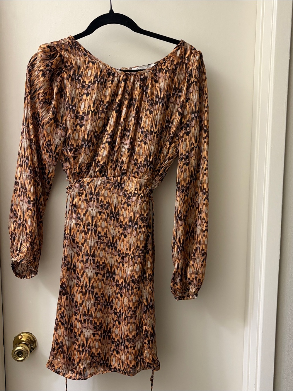 Dex Brown & Cream Patterned Long-Sleeve Dress